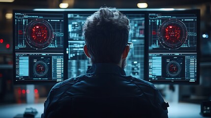 A man sits in front of multiple computer monitors, looking intently at the data displayed on them. The screens are filled with complex graphics and diagrams, suggesting a high-tech environment.