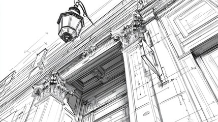 Wall Mural - Line art illustration showcasing architectural elements of an old building featuring a lantern and detailed plans