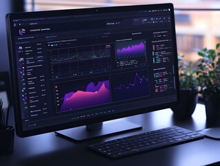 Fototapete - A desktop computer displaying a dashboard with data graphs and charts.