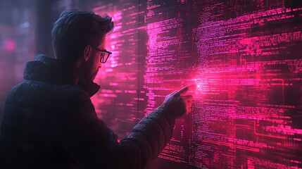 Fototapete - A man in glasses stands in front of a large screen displaying lines of code, pointing at a highlighted section.
