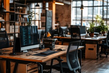Wall Mural - modern office workspace with computer and desk - business interior design