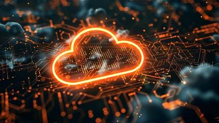 Wall Mural - a cloud logo against a dark backdrop with a digital collage style, cybernetic details, and bokeh eff