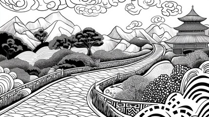 Wall Mural - Line art illustration of artistic design for a road in an Asian inspired style