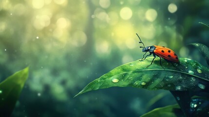 Wall Mural - Ladybug on a Leaf in a Lush Green Forest