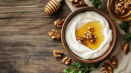 Wall Mural - Bowl of Greek yogurt with honey and walnuts on a wooden table