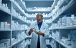 © Matthew - A pharmacist examines medication in a well-organized pharmacy aisle.