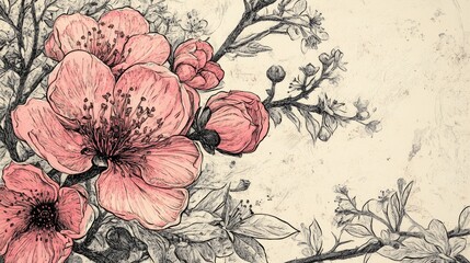 Wall Mural - Vintage line drawing featuring a pink flowering cyme in bloom showcasing intricate details and artistic style