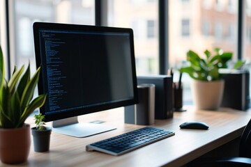 Wall Mural - Modern Minimalist Workspace with Computer, Keyboard, and Plants - Productivity and Design Inspiration