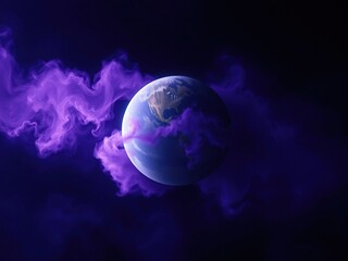 Wall Mural - ethereal planet with swirling purple mist in dark space background, extraterrestrial, galaxy, cosmic