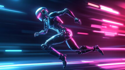  a futuristic robot running, neon lights