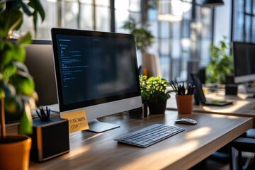 Wall Mural - Modern Office Workspace with Computer, Keyboard, and Plants