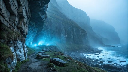 Wall Mural - misty cliff base cave with glowing blue light amidst fog, mysterious, misty, eerie, fog