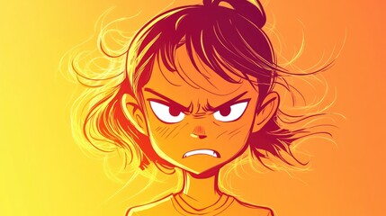 Wall Mural - Line art illustration featuring a warm gradient of a cartoon girl expressing anger