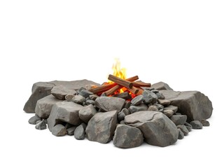 Wall Mural - A rocky outcropping serves as a base for a campfire on a white background, landscape, peaceful