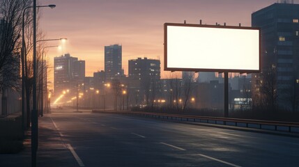 Poster - A calm urban street is lined with tall buildings as dawn breaks, illuminating the foggy atmosphere. An empty billboard stands prominently, awaiting new advertisements in the early morning light.