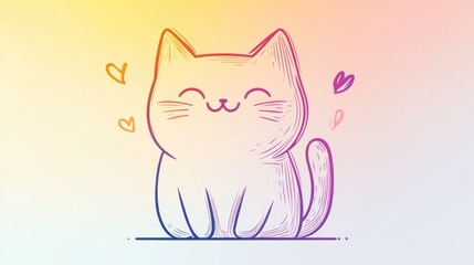 Wall Mural - Line art illustration featuring a warm gradient design of a joyful cartoon cat