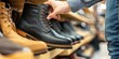 © amelisk - Male buyer trying on black leather boots in shoe store, close-up view of shopping detail.