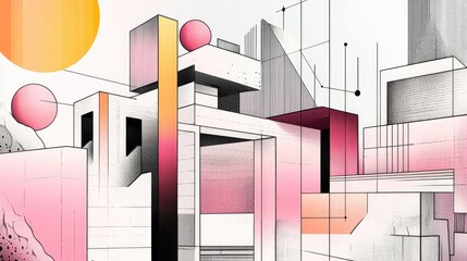 Line art illustration showcasing abstract three dimensional architecture