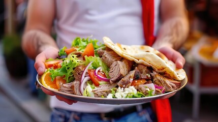 Wall Mural - halal street food cuisine. A vibrant platter of succulent meat, fresh vegetables, and pita bread, held by a person, showcasing a delicious culinary experience.