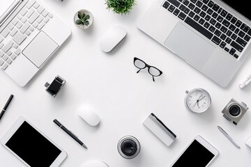 Wall Mural - Minimalist White Desk Workspace with Laptop, Accessories, and Plants - Flat Lay Photography