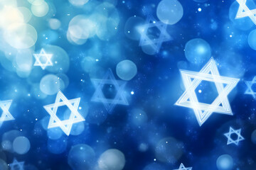 A blue background with glowing stars and bokeh effects, featuring Star of David symbols.