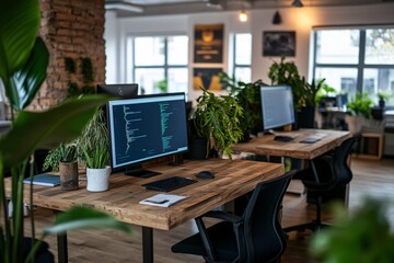 Wall Mural - modern office workspace with computer, desk, and plants - business and technology interior design