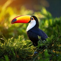 toucan bird in the rainforest with a beautiful colored beak