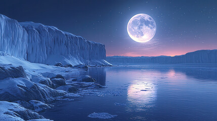 Aufkleber - Twilight casts a tranquil glow over the snowy landscape as a full moon reflects over the still water and icy cliffs