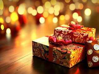 A festive arrangement of beautifully wrapped gift boxes with decorative ribbons and a warm background.