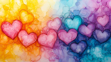 Leinwandbilder - A collection of vibrant, overlapping watercolor hearts in pink and blue flows across a colorful gradient background