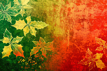 Aufkleber - A vibrant background featuring holly leaves and berries in rich green and red hues, ideal for holiday cards and seasonal decorations