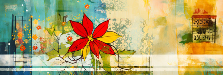 Leinwandbilder - A vibrant composition showcases a large red flower intertwined with whimsical designs and a soft, textured backdrop