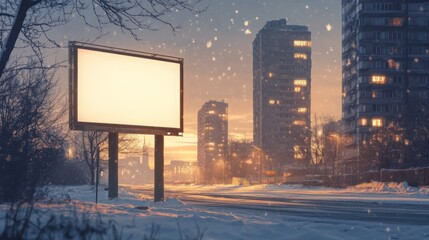 Poster - A tranquil winter evening unfolds as snowflakes gently fall on a deserted city street, highlighted by a large, unlit billboard. Tall buildings loom in the background, illuminated by dusk's warm glow.