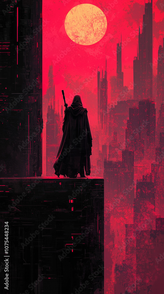 Mysterious cloaked figure with staff overlooking dystopian futuristic ...