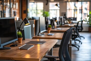 Wall Mural - modern office workspace with desk, computer, and chair: interior design inspiration