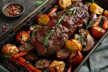 Wall Mural - Succulent fillet steak and roast vegetables