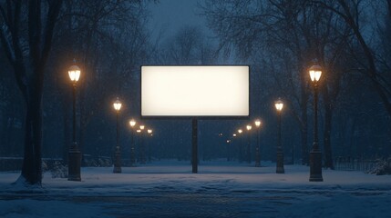 Poster - A peaceful winter evening in a park features a large blank billboard surrounded by glowing street lamps. Soft snow blankets the ground, creating a serene atmosphere under the dark sky.