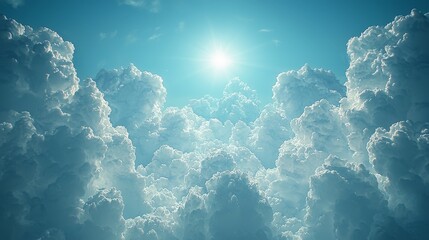 Wall Mural - A serene view of fluffy clouds illuminated by sunlight in a bright blue sky.
