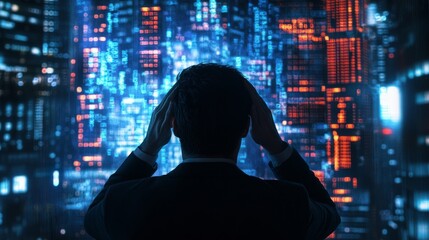 Silhouetted Man with Hands on Head Looking at a Wall of Blue and Orange Light