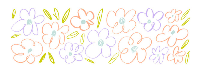 Simple cute crayon drawn colorful chamomile flowers with leaves collection. Hand drawn botanical vector elements. Kid's style doodle daisy flowers. Crayon drawn daisy simple flowers.