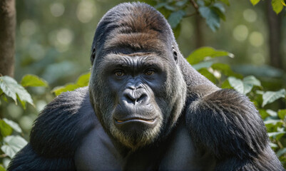 Wall Mural - a powerful silverback gorilla looks directly at the camera in a dense jungle