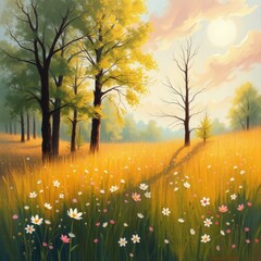 Wall Mural - a fun colorful landscape illustration with swirling clouds and pretty fields of flowers and grass.