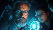 © Anna - In a dimly lit research facility, a scientist with glasses scrutinizes a glowing device, while a colleague closely watches, highlighting collaboration and innovative exploration in science