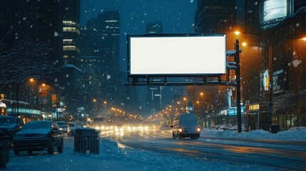 Poster - A quiet city street is blanketed in fresh snow, illuminated by streetlights and the headlights of passing vehicles. A large blank billboard stands out against the winter evening backdrop.