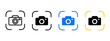 © Chelpanoff - Camera focus icon. Focusing frame with photo camera vector illustration. Sharpened capture symbol. Photo scan sign. Target image pictogram. Picture shooting concept. Web interface button.