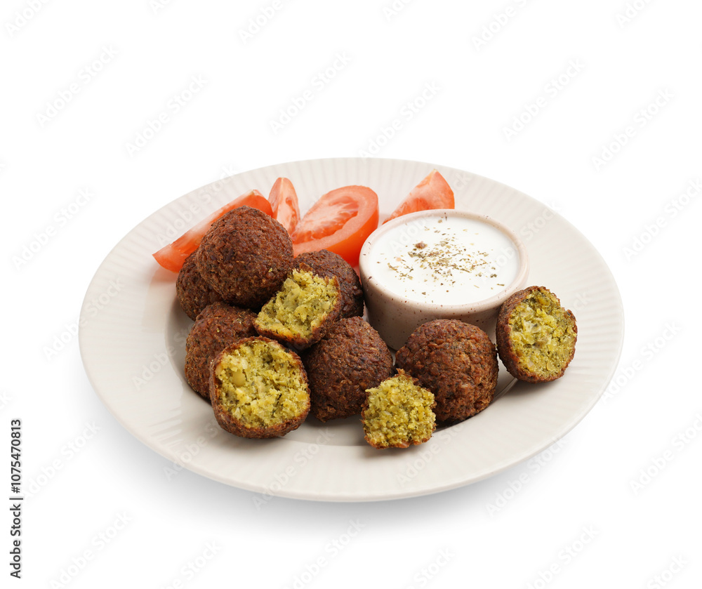 Plate with delicious falafel balls, sauce and tomatoes on white background