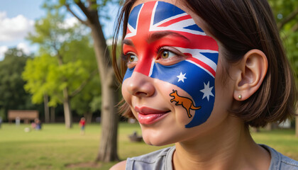 Young girl with a joyful expression showcasing Australian face paint in a park setting