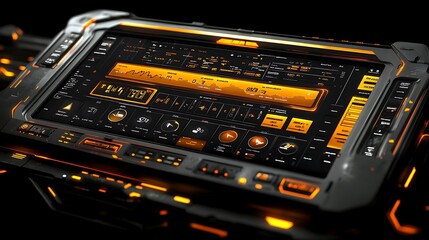 Futuristic interface with glowing orange buttons and display, isolated on black background.