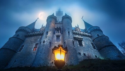 Poster - Entrada al castillo, en una noche de niebla, con una luz misteriosa