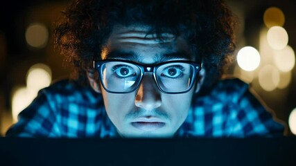 Close-up of young man wearing glasses, focused on computer screen with blue illumination, symbolizing night-time focus or digital work